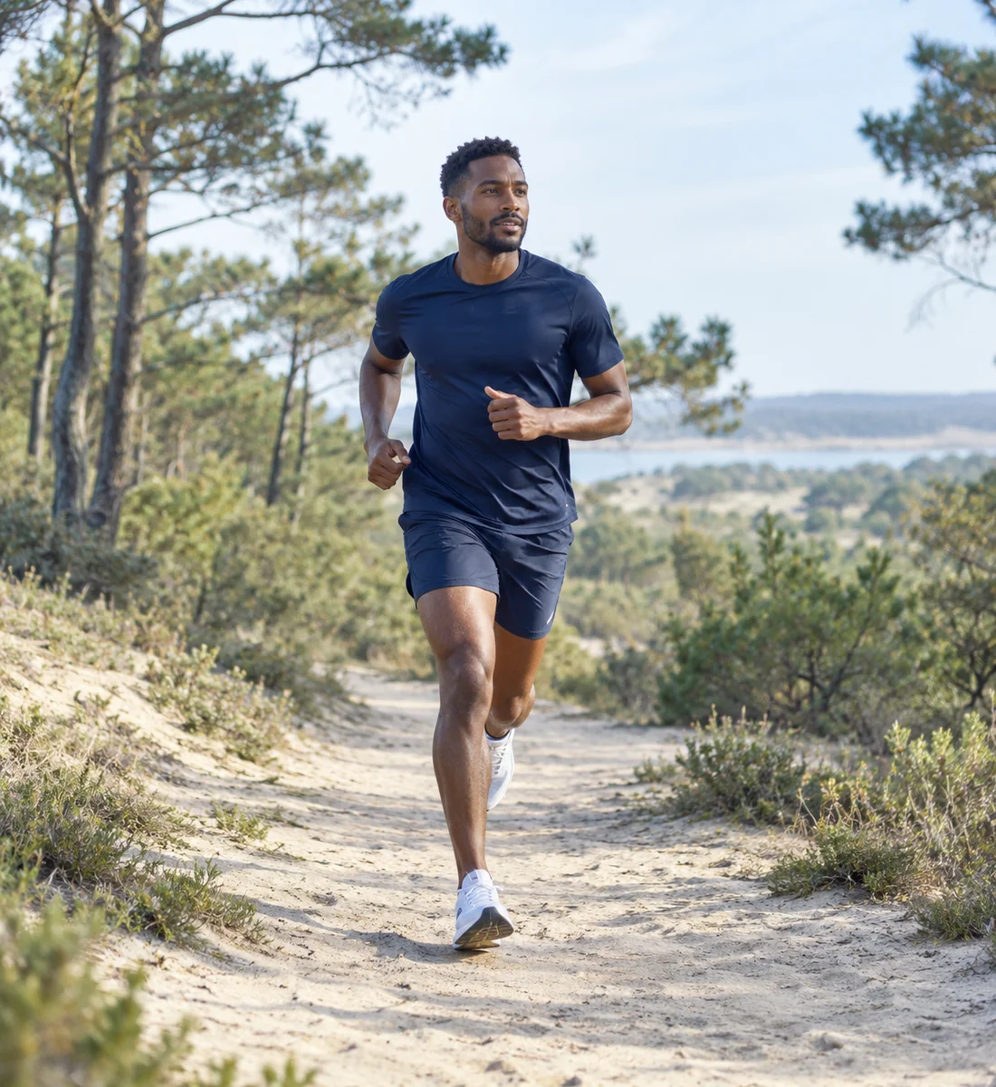 Illustrative male distance runner training on a coastal woodland trail