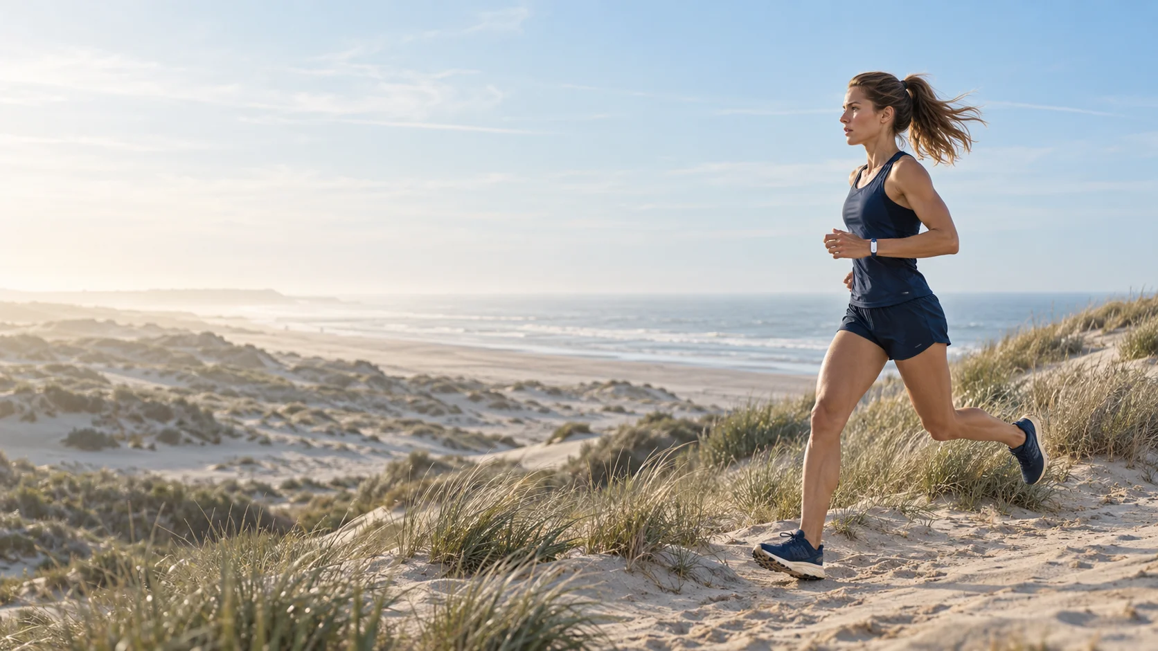 Illustrative runner training on a sunlit coastal dune trail