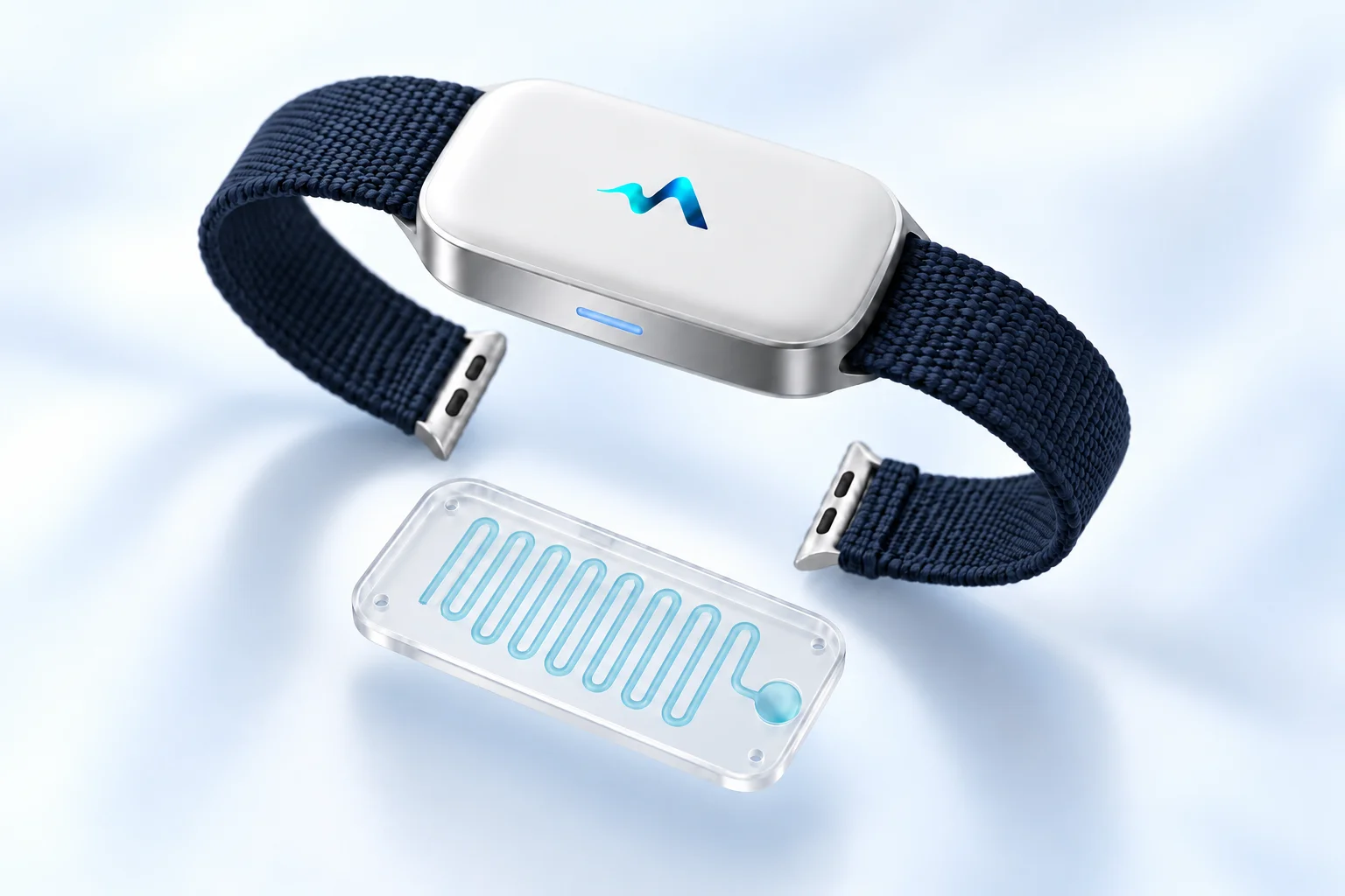 NAESIA design concept: a compact white reader on a navy strap above a transparent disposable cartridge