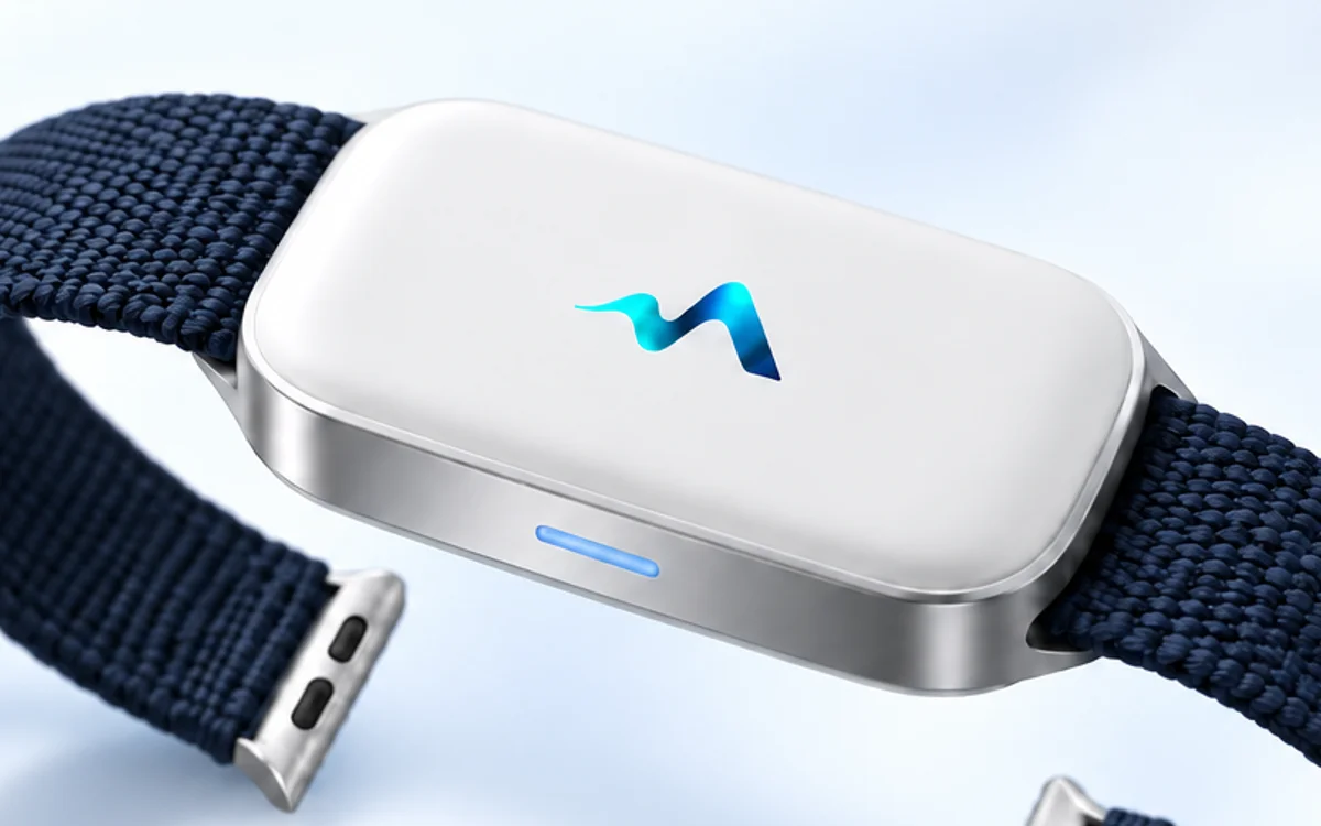 Conceptual white rechargeable reader with a compact shell and navy textile strap